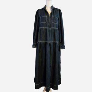Listicle Navy Blue Denim Tiered Maxi Dress With Pocket Details Size Small
